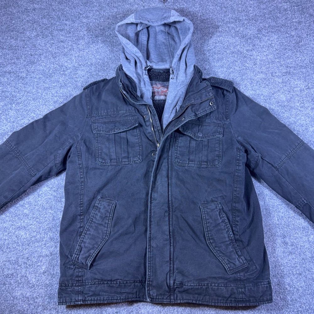 Levis Mens Military Field Jacket Grey Hooded Sherpa Lined Canvas Coat Small